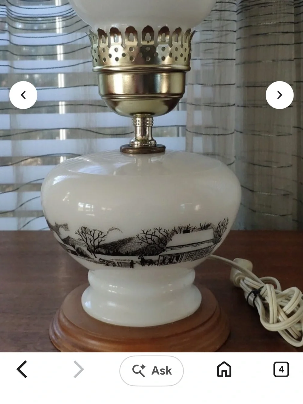 Currier and Ives White Milk Glass oil Lamp base only. See example pic.